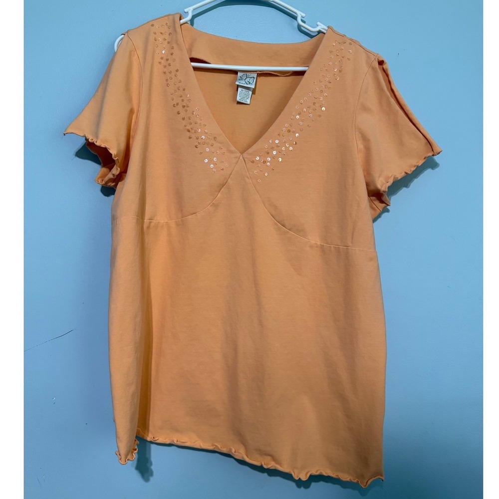 Stretch Women's 18/20W Orange Sequin V-Neck Lettuce Edge T-Shirt Top 1648